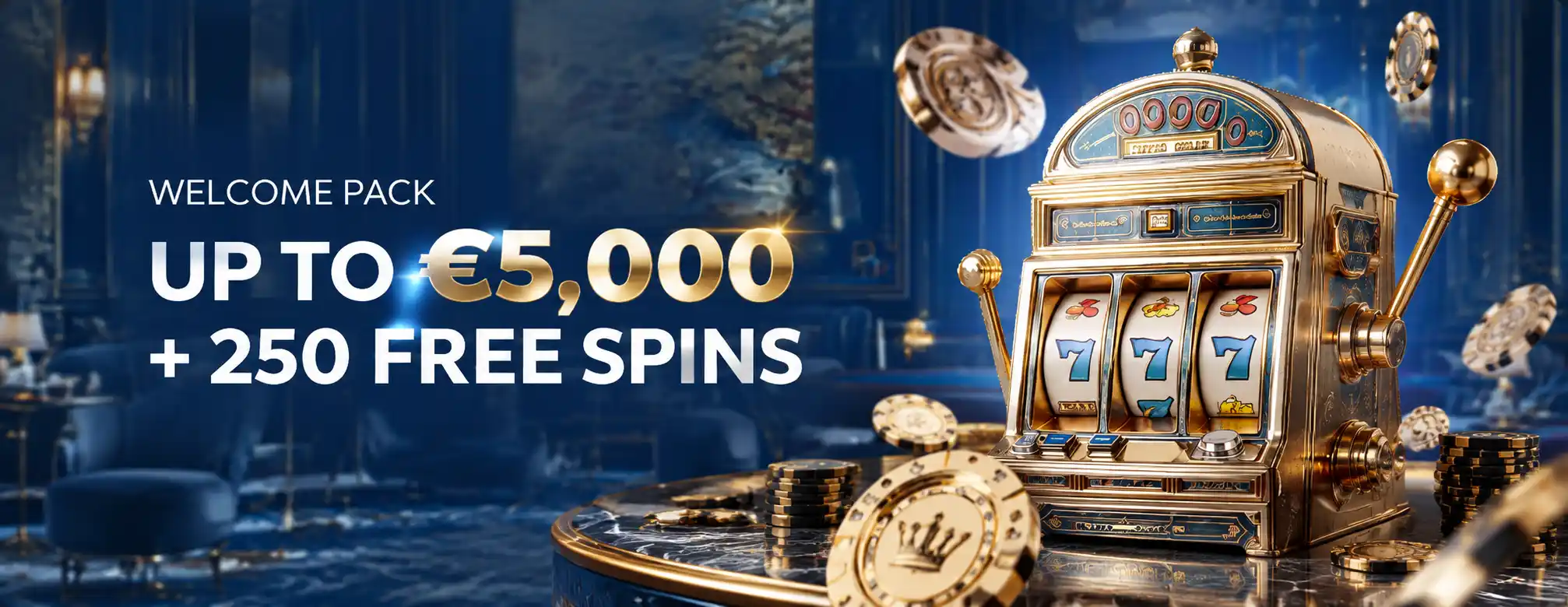 Reveryplay Casino welcome pack banner with up to €5,000 and 250 free spins