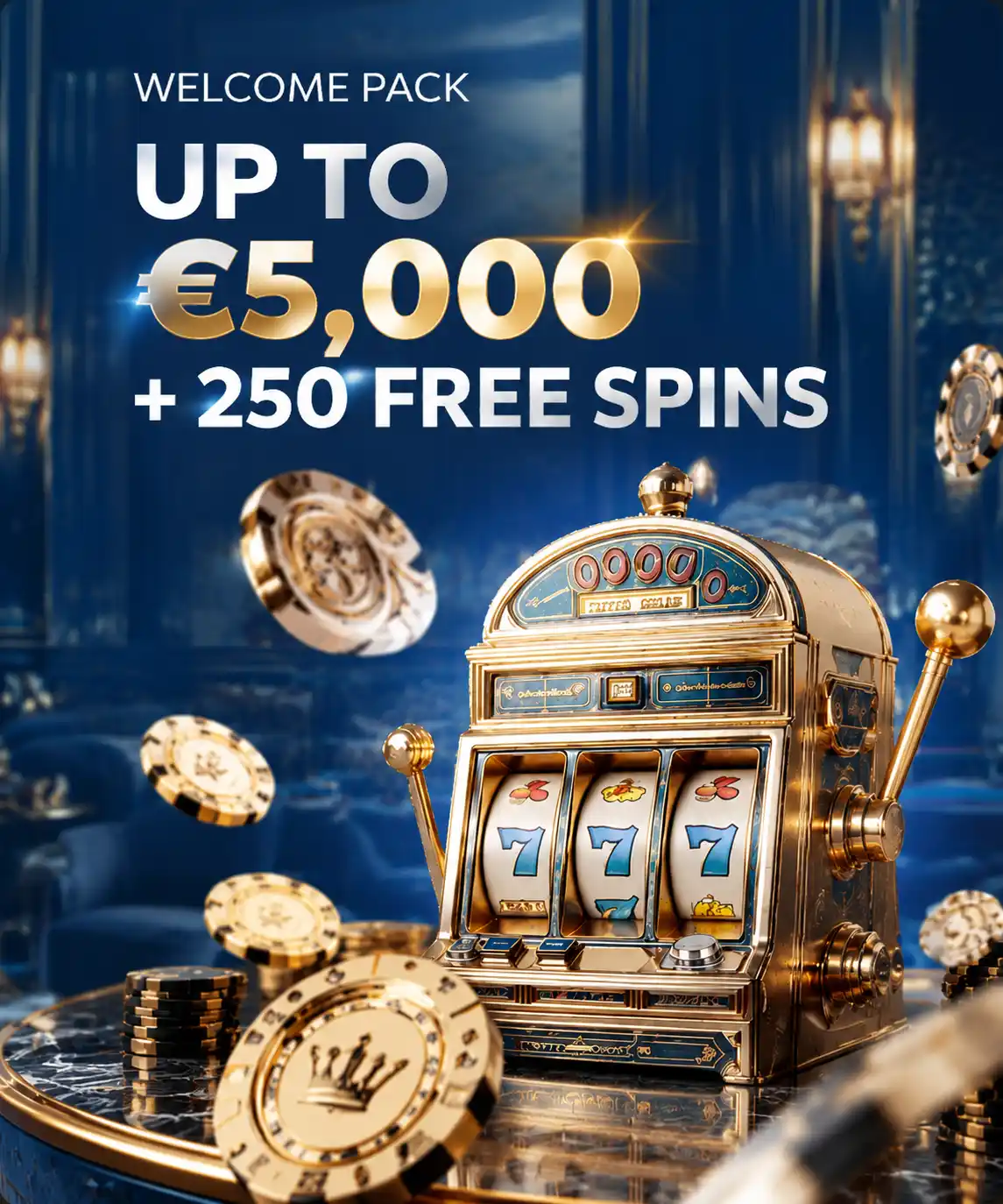 Reveryplay Casino mobile welcome pack banner with up to €5,000 and 250 free spins