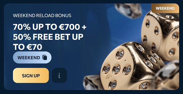 Reveryplay Casino weekend reload bonus with 70% up to €700 and a free bet up to €70