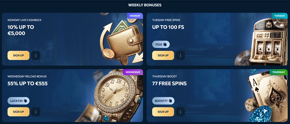 Reveryplay Casino weekly bonuses with cashback, free spins and reload offers