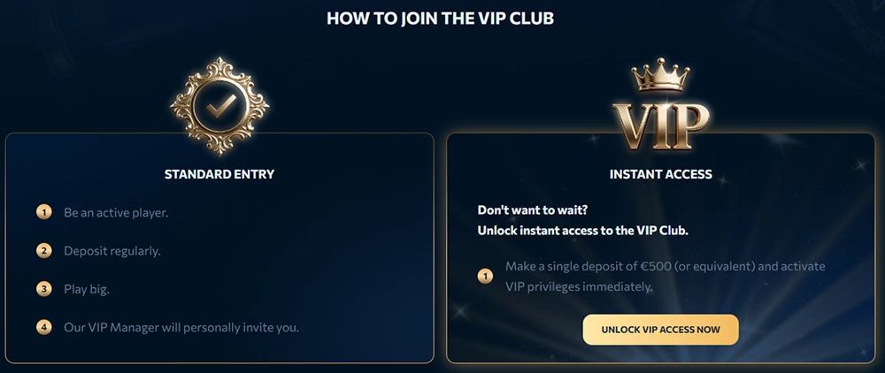Reveryplay Casino VIP Club standard entry and instant access for a €500 deposit